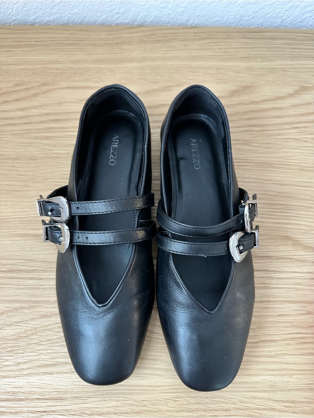 Arezzo - Black Double-Strap Leather Ballet Flats